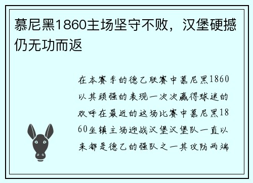 慕尼黑1860主场坚守不败,汉堡硬撼仍无功而返