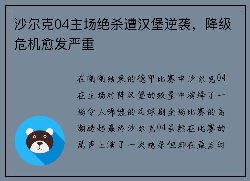 沙尔克04主场绝杀遭汉堡逆袭,降级危机愈发严重